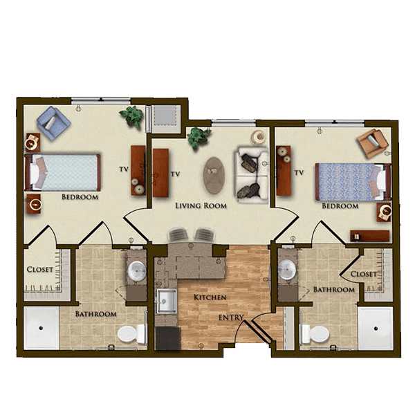 A two-bedroom apartment floor plan featuring a living room, kitchen, and two bathrooms.