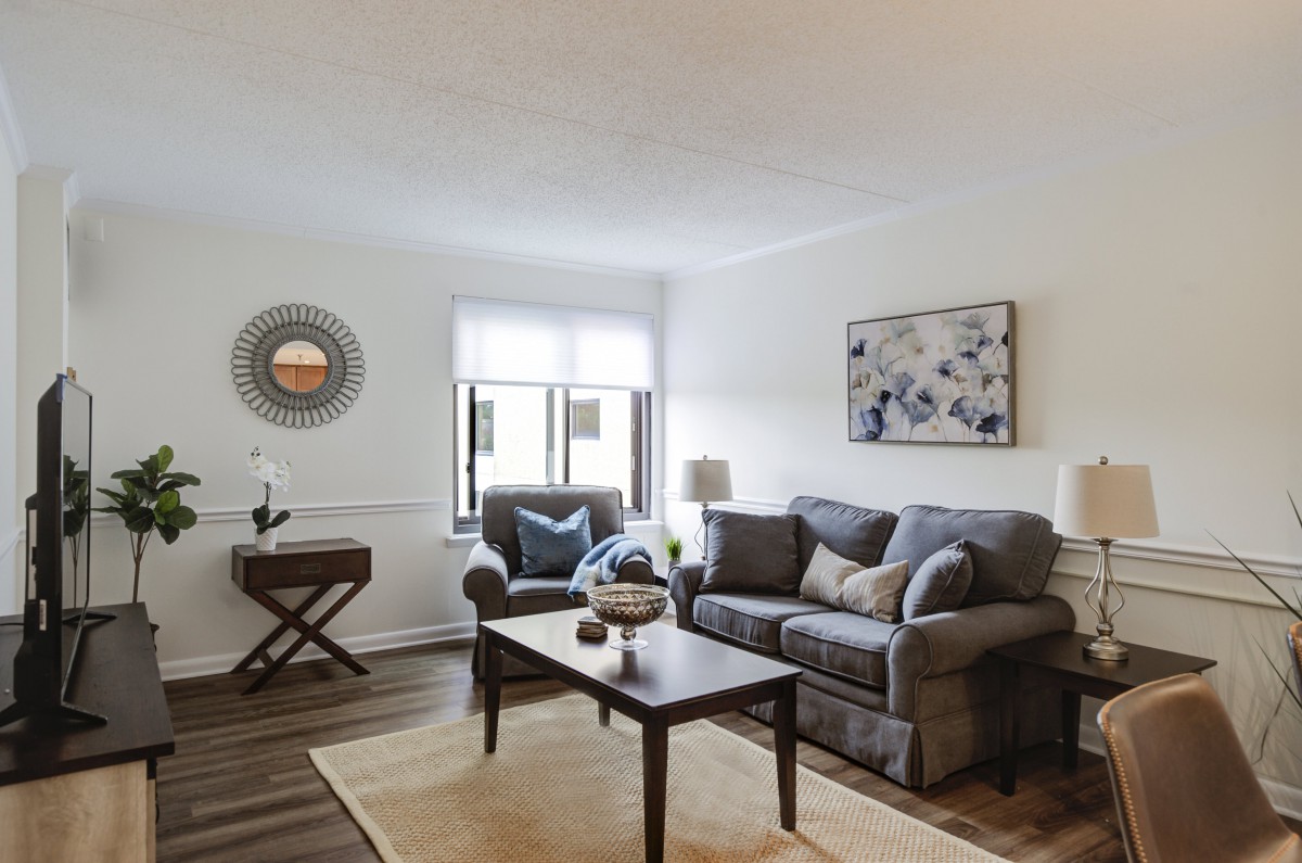 A cozy and modern living room with a sofa, coffee table, and wall decor.