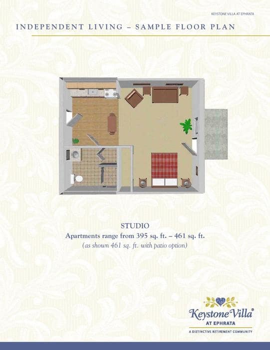 A floor plan of a studio apartment showcasing the layout and dimensions.