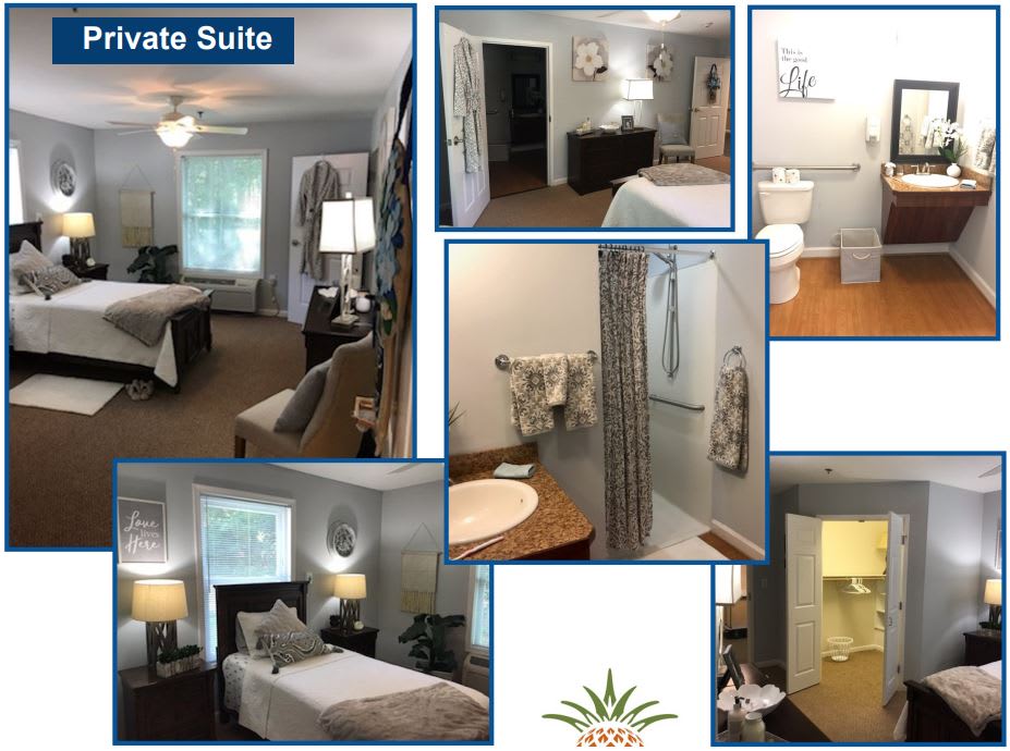 Collage showcasing various views of a private suite, featuring a bedroom with comfortable furnishings and an attached bathroom.
