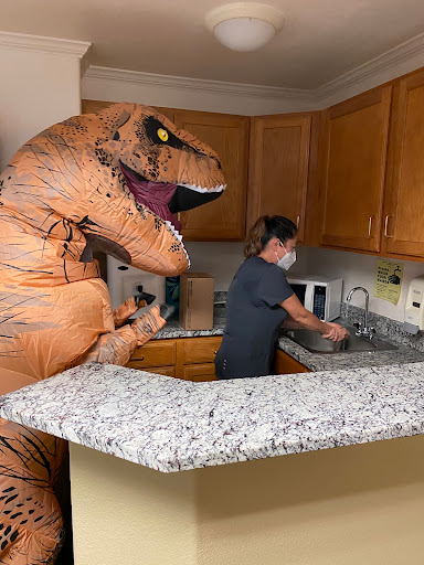 A person going about their chores in the kitchen, seemingly unaware of the large dinosaur costume behind them.