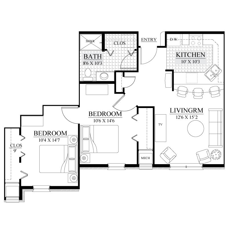 A single-bedroom apartment floor plan featuring a bedroom, living room, kitchen, and bathroom.