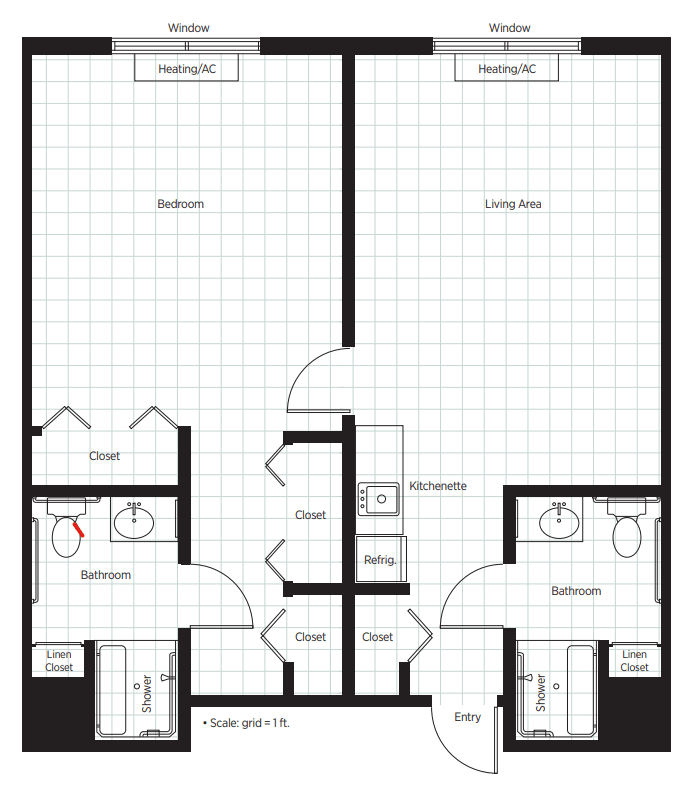 A floor plan of a two-bedroom apartment with separate living spaces, bathrooms, and kitchens.