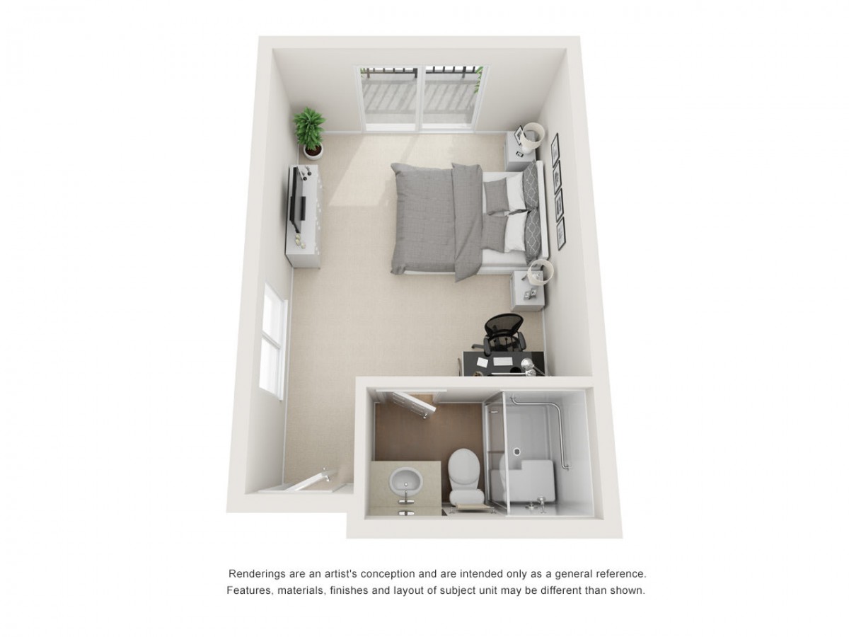 Top-down view of a modern, minimalist bedroom floor plan with a bed, desk, and attached bathroom.
