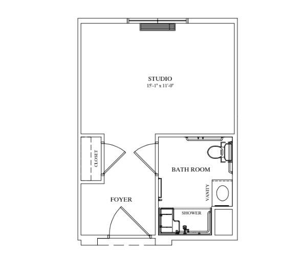 A floor plan of a studio apartment featuring a bathroom and open living space.