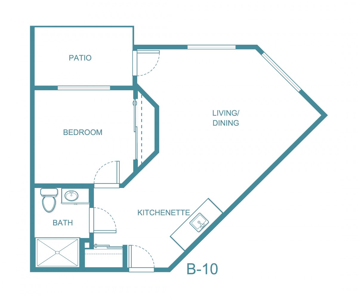 Floor plan of a one-bedroom apartment featuring a living area, kitchenette, bathroom, and patio.