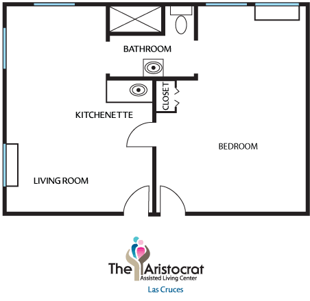 A basic floor plan layout featuring labeled rooms and architectural design elements.