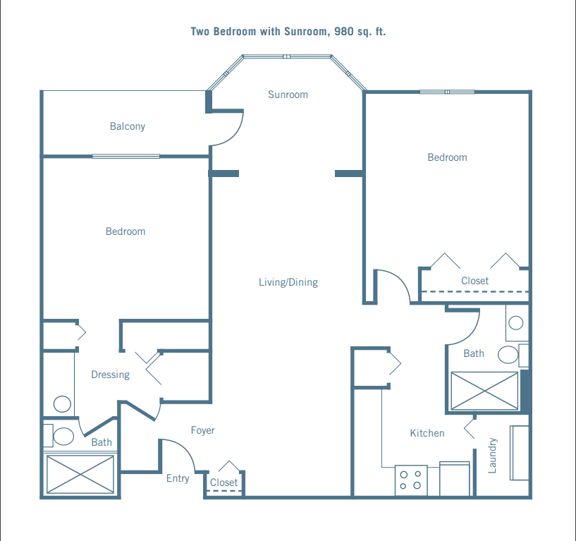 Floor plan of a two-bedroom apartment with living room, kitchen, and bathrooms.