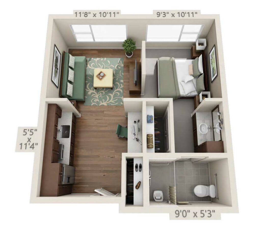 Top view of a one-bedroom apartment floor plan with labeled dimensions.
