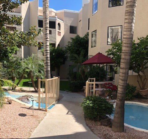 A well-landscaped apartment complex exterior with palm trees and a shaded seating area along a sidewalk.