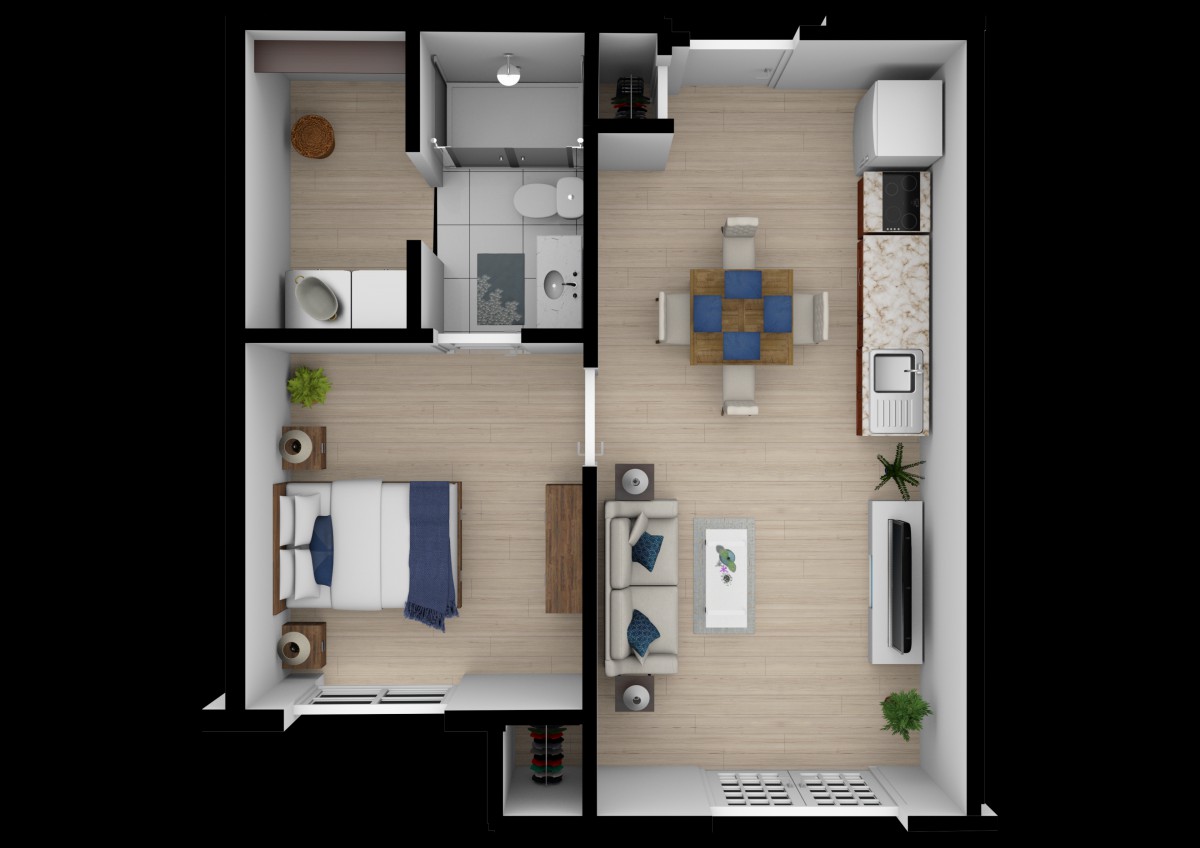 A top-down view of a modern one-bedroom apartment floor plan with a kitchen, dining area, living room, bedroom, and bathroom.