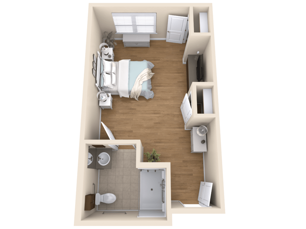 A 3D floor plan of a studio apartment with a bedroom and bathroom layout.