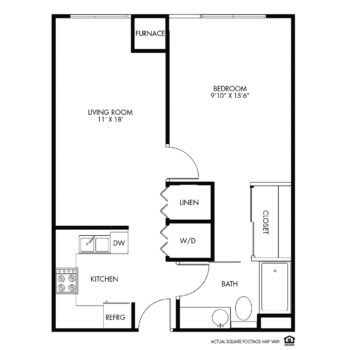 A simple one-bedroom apartment floor plan featuring a living room, kitchen, bedroom, bathroom, and closets.