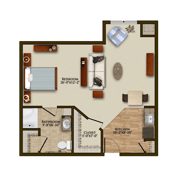 A one-bedroom apartment layout with designated areas for the living room, kitchen, bedroom, and bathroom.