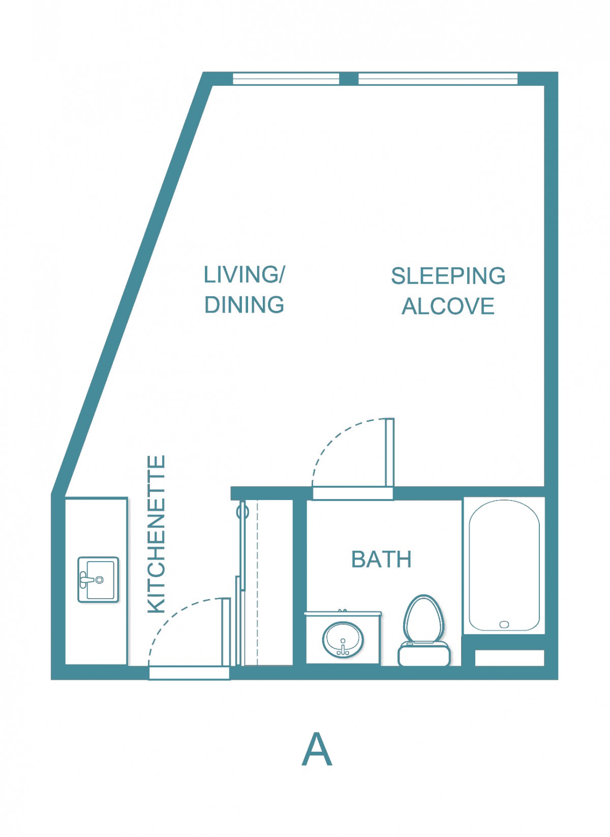 Studio apartment floor plan with a living/dining area, sleeping alcove, kitchenette, and bathroom.