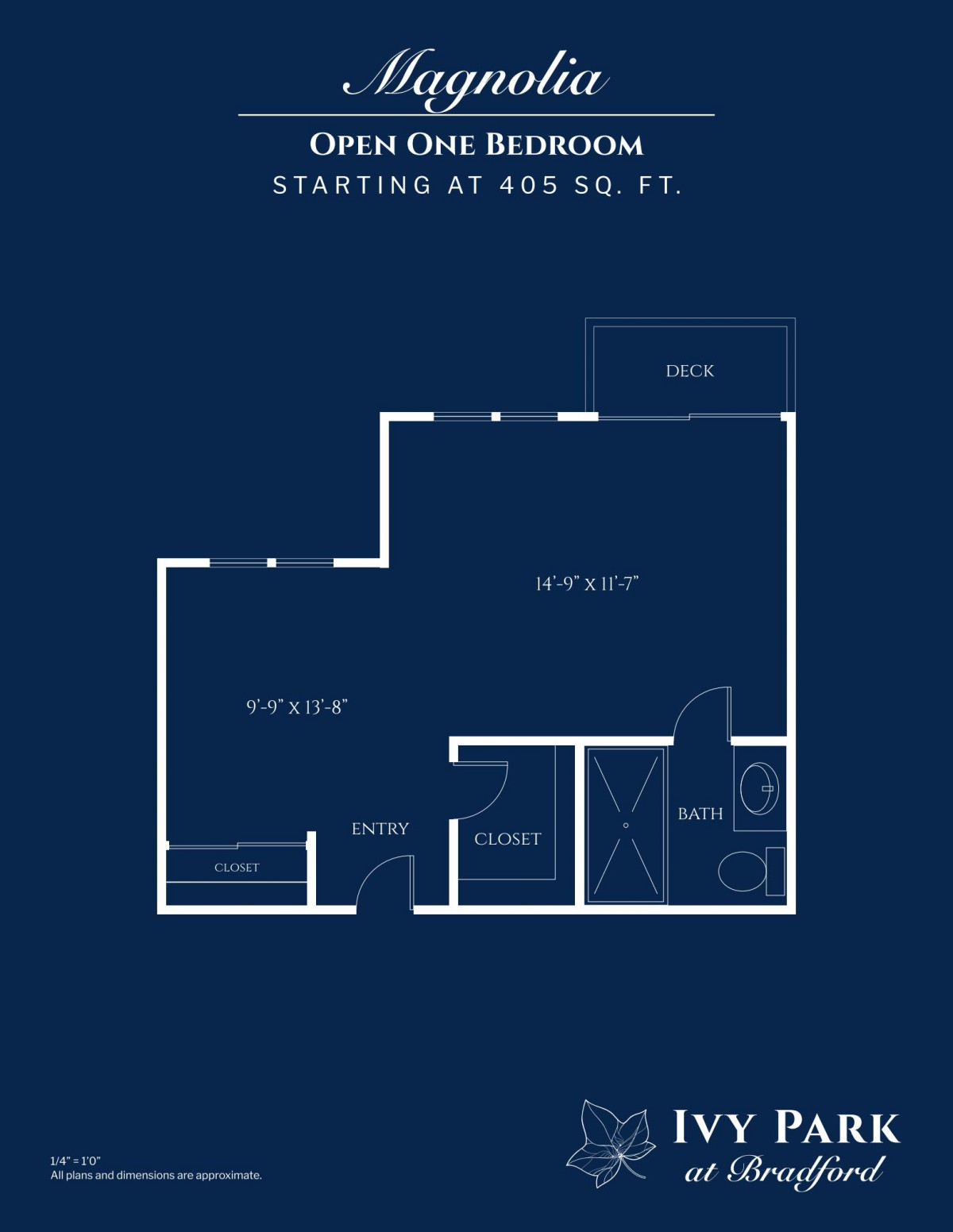 Floor plan of a one-bedroom apartment starting at 495 sq. ft.