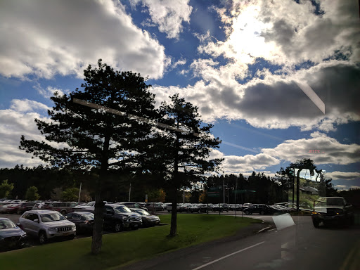 A serene view of the sky with clouds and trees alongside a parking lot.
