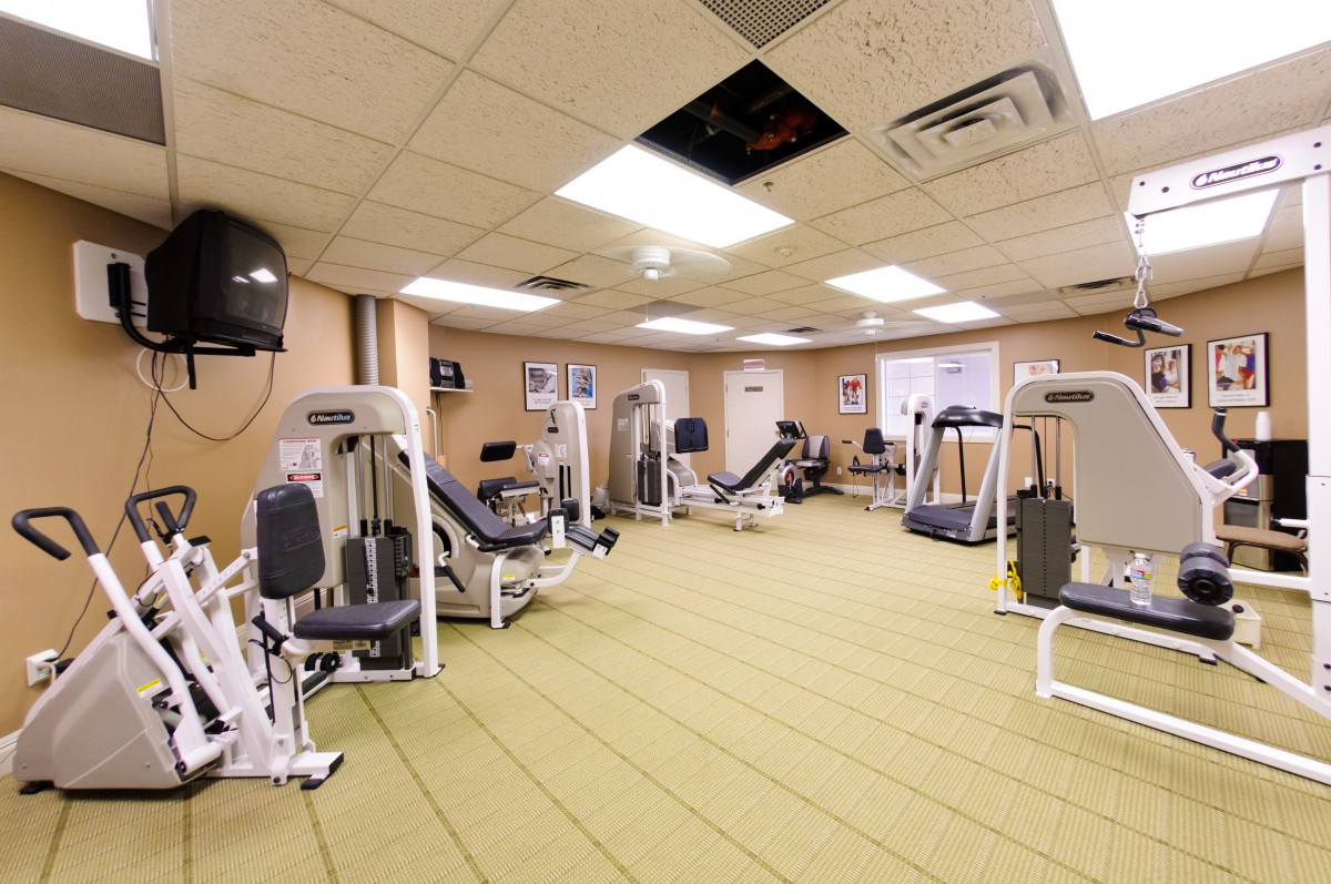 A gym with various exercise machines arranged in a well-lit, indoor space.
