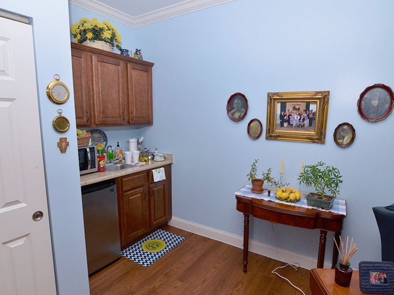 A cozy kitchen area with wooden cabinets, decorative artwork, and indoor plants against a backdrop of blue walls.