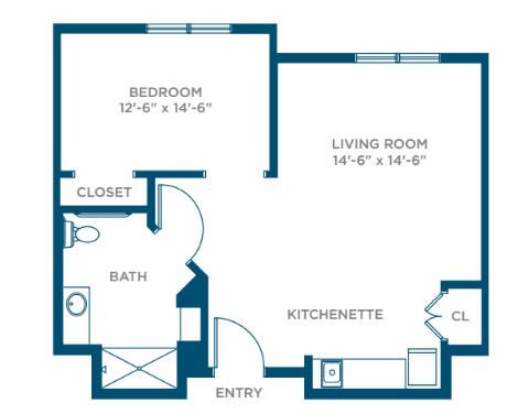 A floor plan of a one-bedroom apartment featuring a living room, kitchenette, bathroom, and closet.