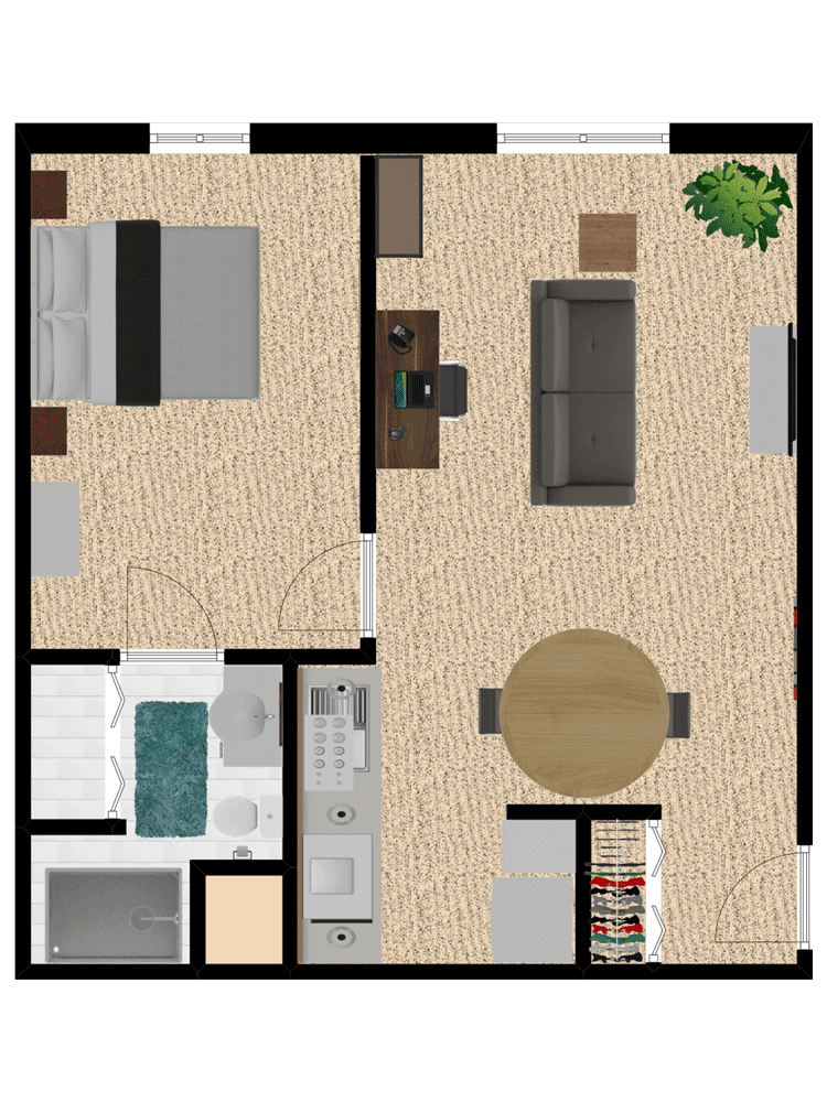 A detailed floor plan of an apartment featuring a bedroom, bathroom, kitchen, and living room with furniture layout.