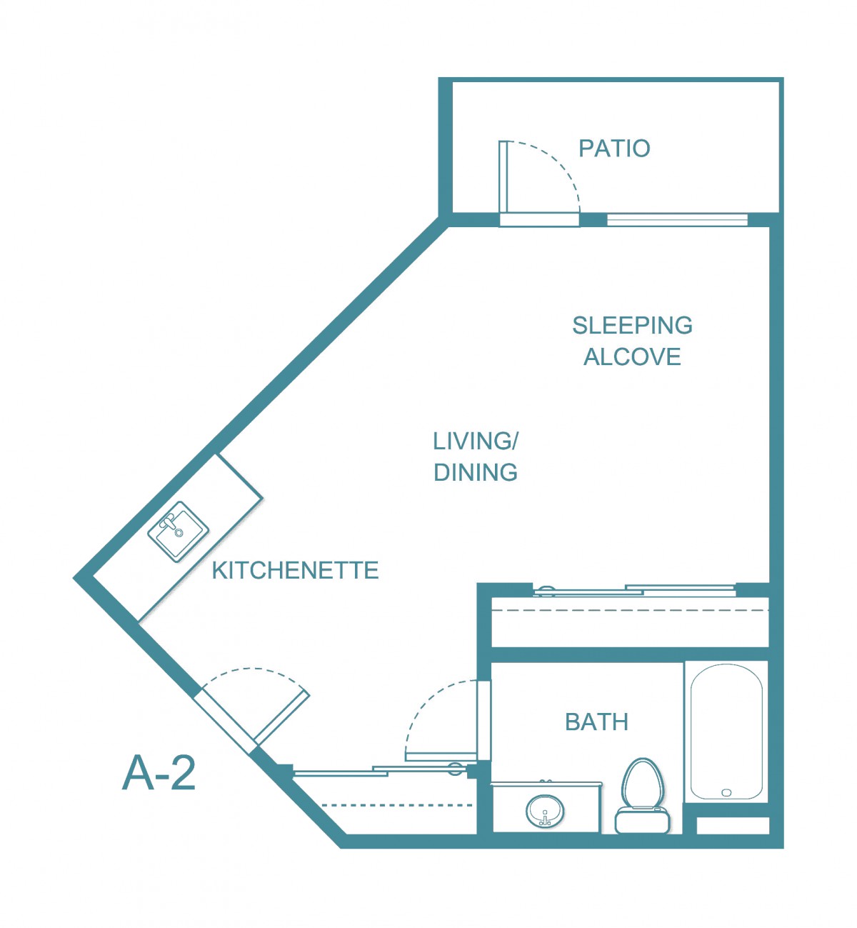 A floor plan of an apartment featuring a sleeping alcove, living/dining area, kitchenette, bathroom, and patio.