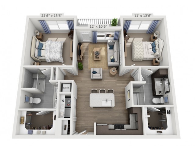 A 3D floor plan of a two-bedroom apartment with a living room, kitchen, and bathrooms.