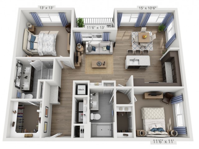 A detailed floor plan of a two-bedroom apartment with living room, kitchen, bathroom, and balcony.