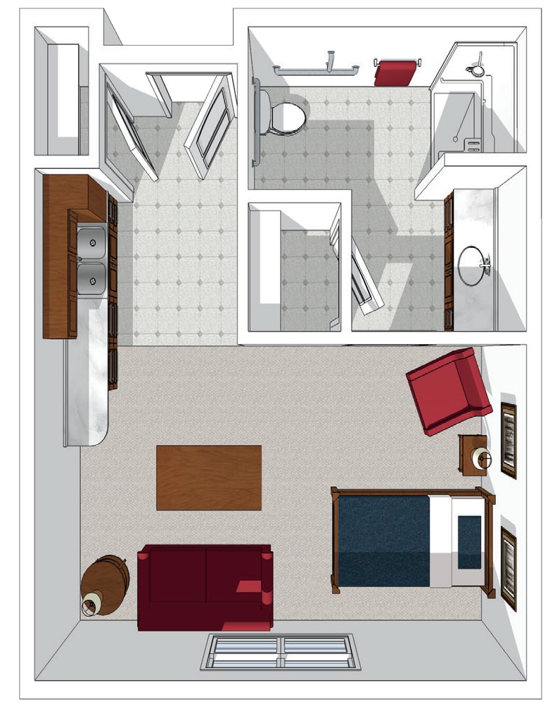 This image displays a floor plan of a one-bedroom apartment, featuring an open living area, kitchen, bathroom, and bedroom with furniture layout.