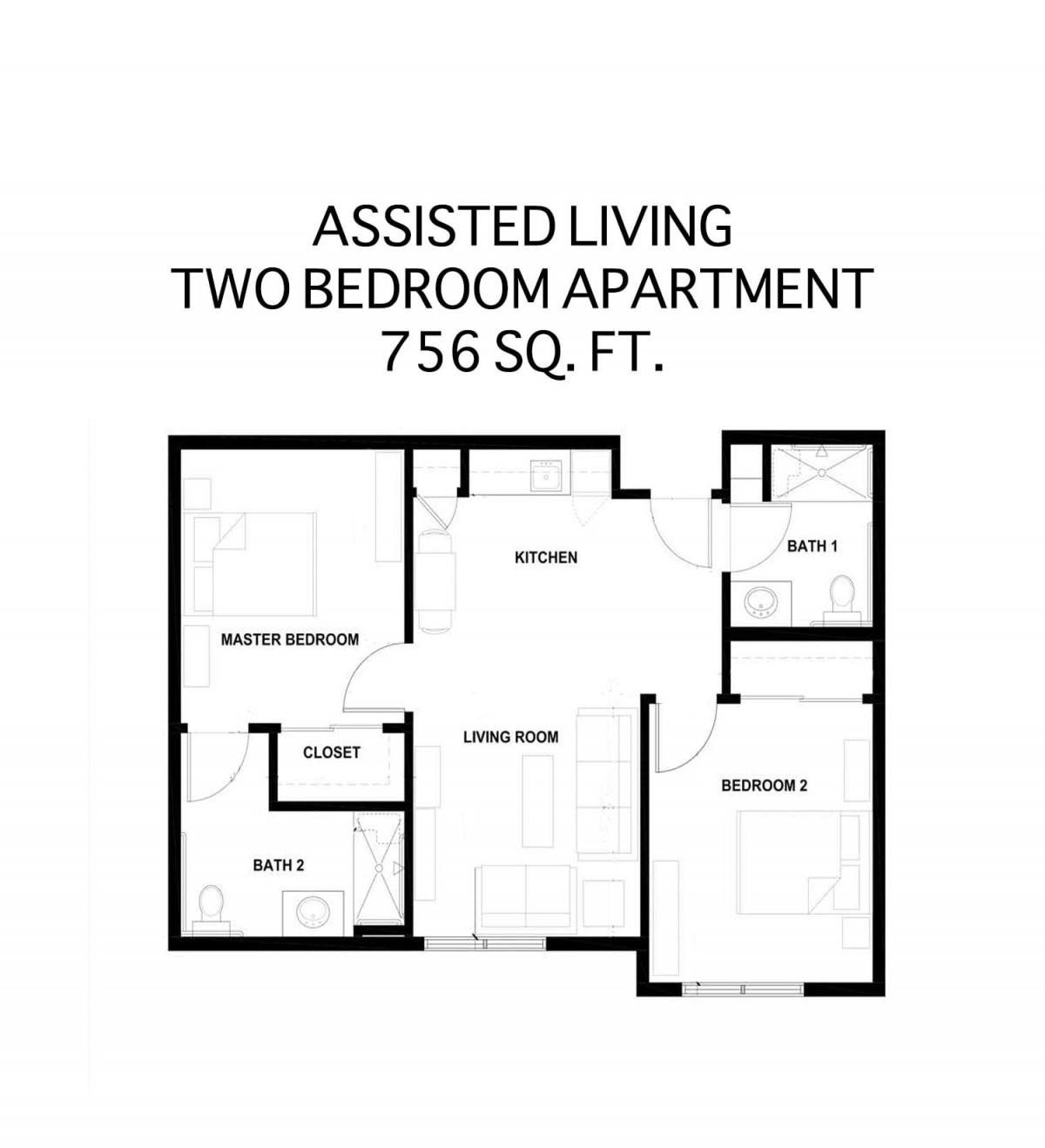 Floor plan of a 756 sq. ft. assisted living two-bedroom apartment.