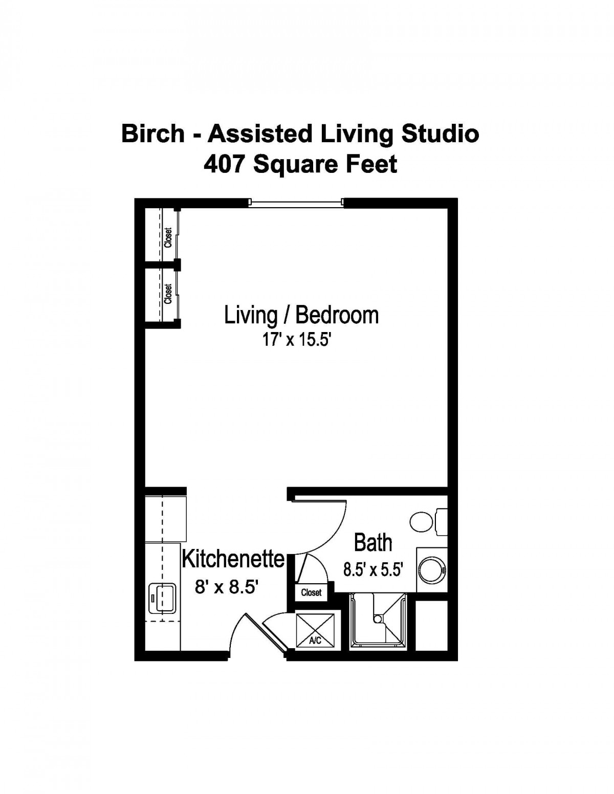 Floor plan of a Birch assisted living studio, featuring a kitchenette and bathroom, spanning 407 square feet.