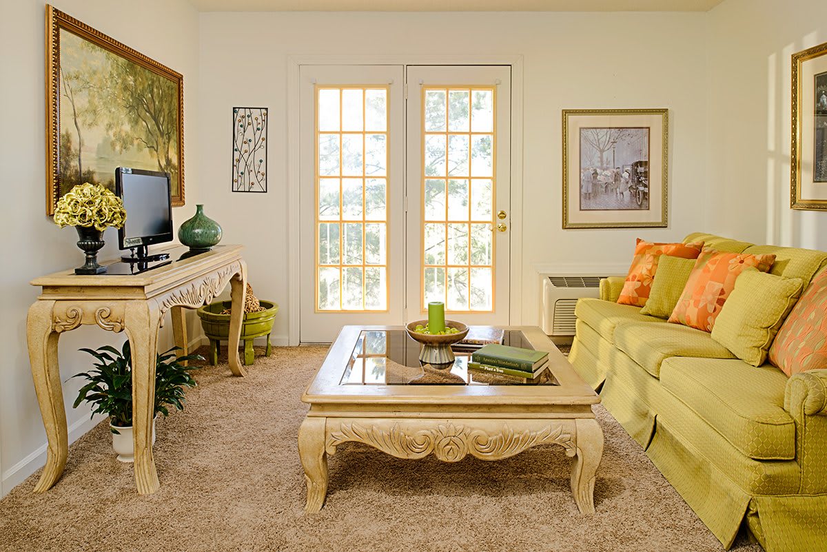 A cozy living room with elegant furniture and neutral tones, featuring a sofa, coffee table, and television.