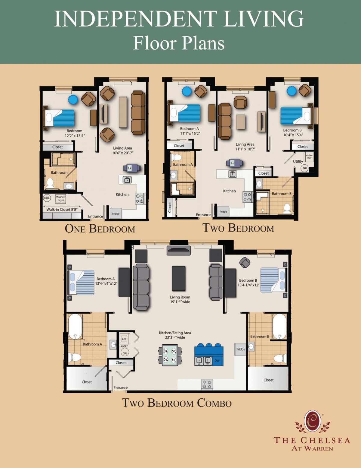 Floor plans showcasing layouts for one, two, and three-bedroom apartments.
