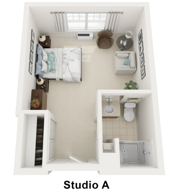A 3D rendering of a studio apartment floor plan showcasing a bedroom, bathroom, and living area.
