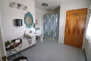 A spacious bathroom featuring a sink, decorative mirror, and shower curtain.