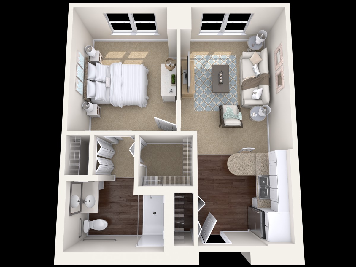 A 3D floor plan of a one-bedroom apartment, showcasing the layout and design.