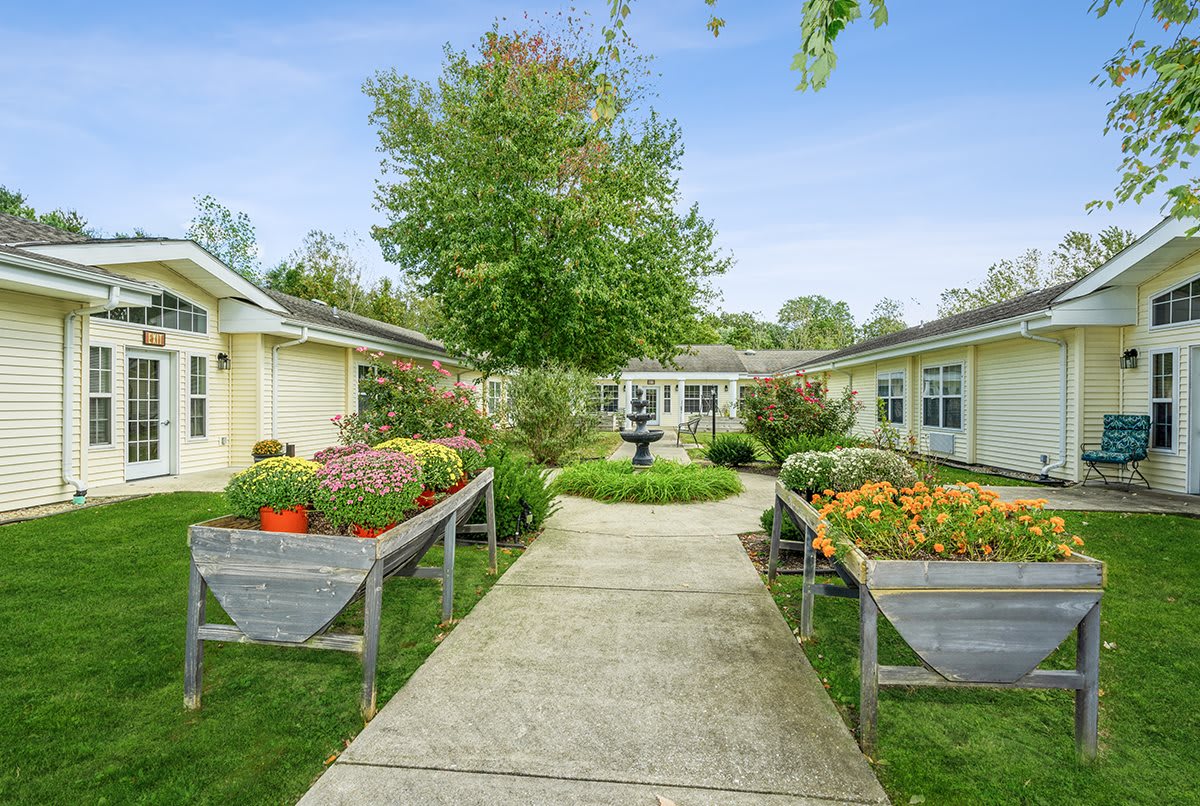 A charming garden courtyard with a central pathway flanked by lush greenery and vibrant flowers.