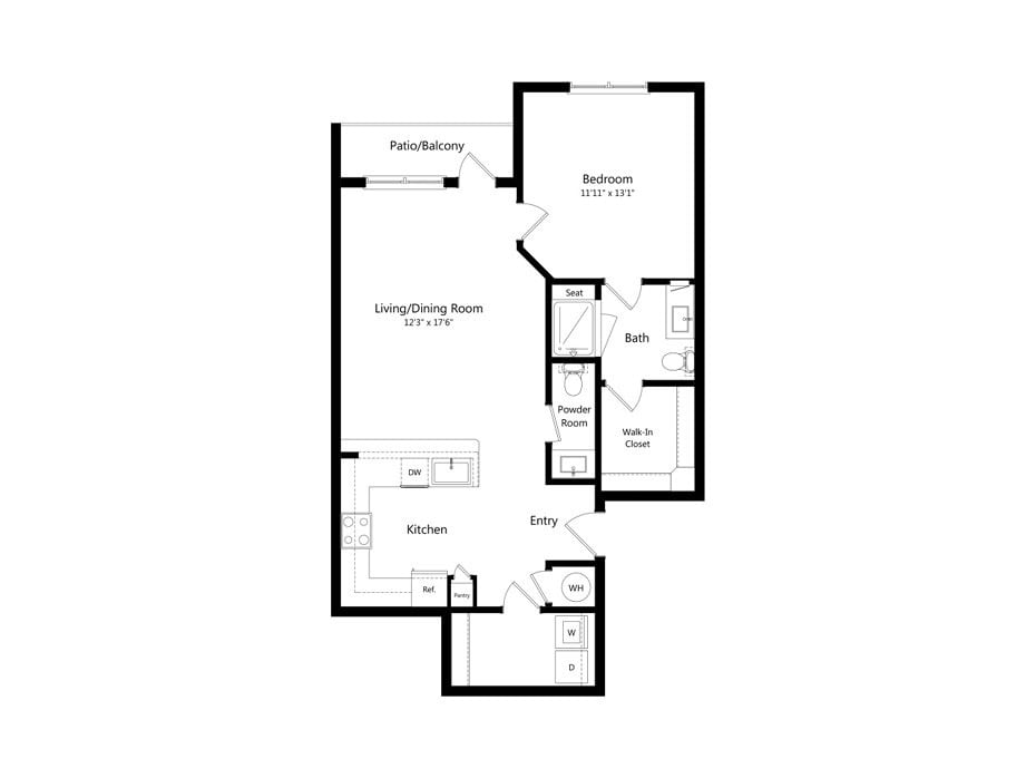 A floor plan showcasing a one-bedroom apartment layout.