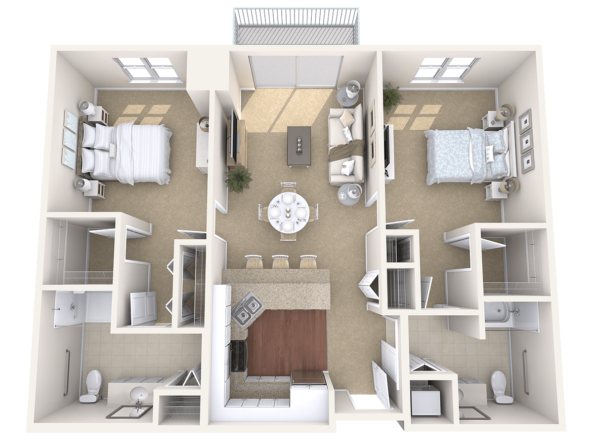 A top-down view of a two-bedroom apartment floor plan with a central living area, kitchen, and bathrooms.