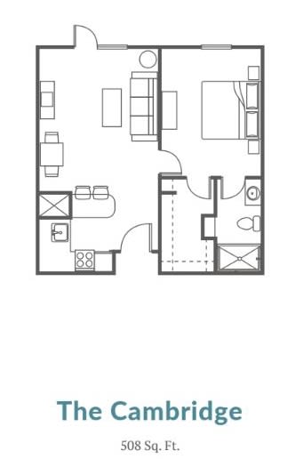 A simple floor plan of a one-bedroom apartment.