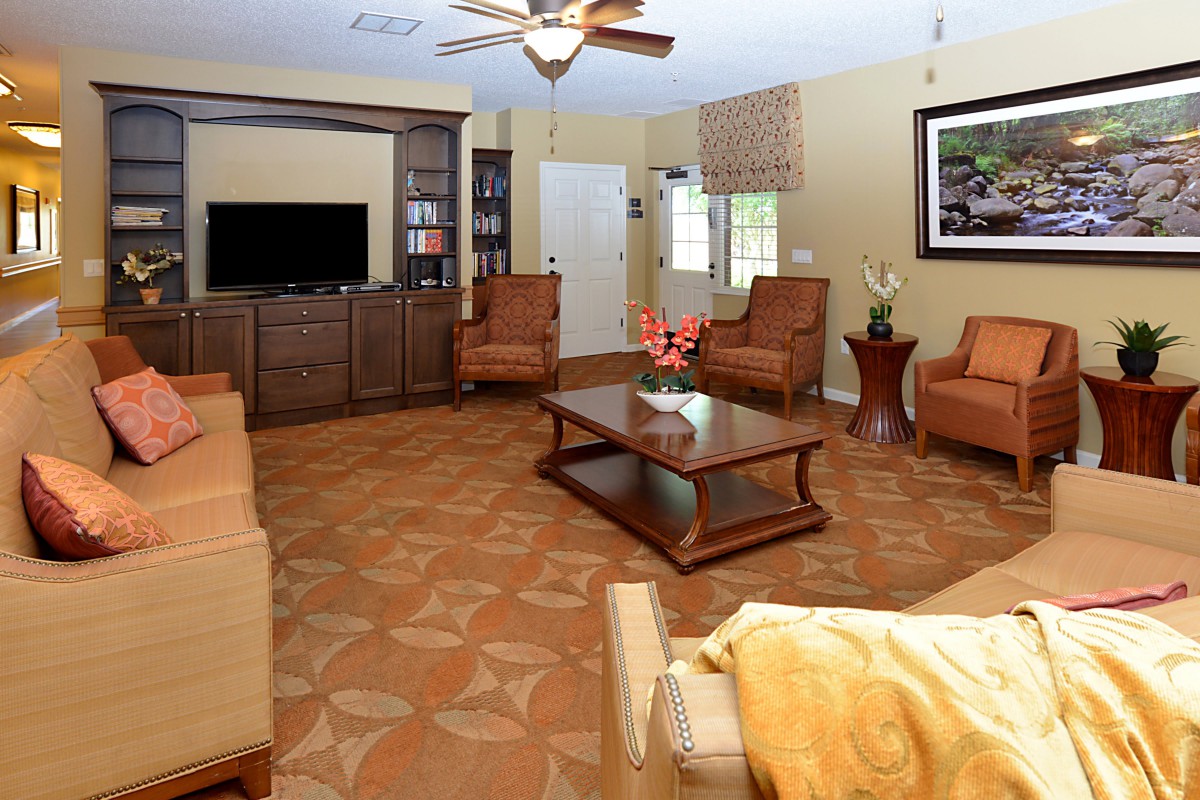 A cozy living room with comfortable seating, a large television, and elegant decor.