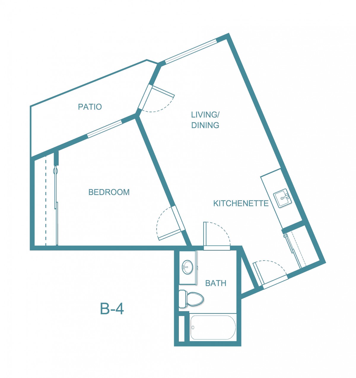 A floor plan of a one-bedroom apartment with labeled living/dining area, kitchenette, and patio.