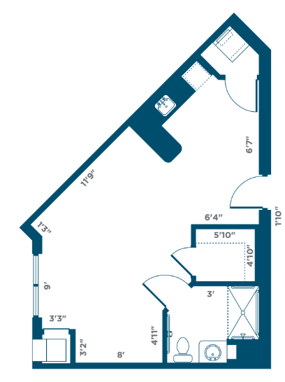 A detailed floor plan showing the layout and measurements of a living space.