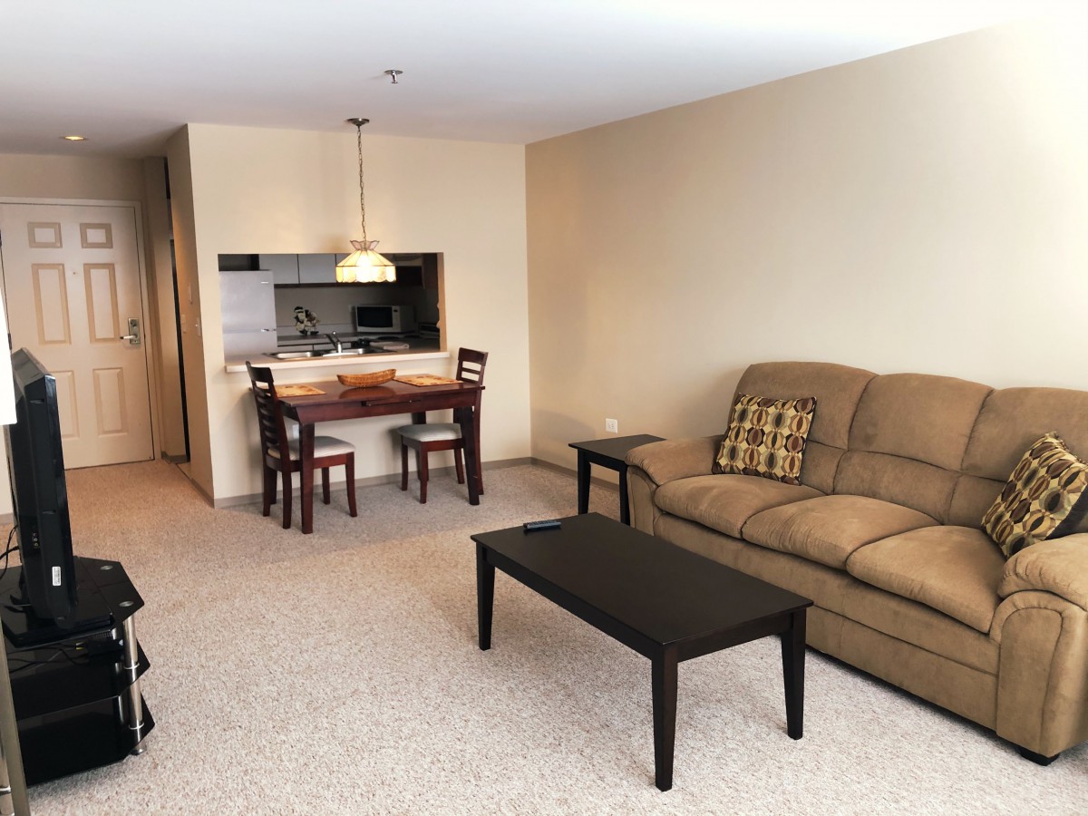 A cozy living room and dining area with a sofa, coffee table, and dining set.