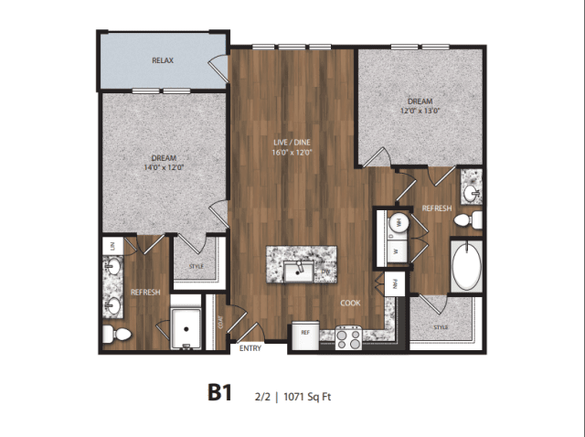B1 floor plan layout of a two-bedroom apartment.