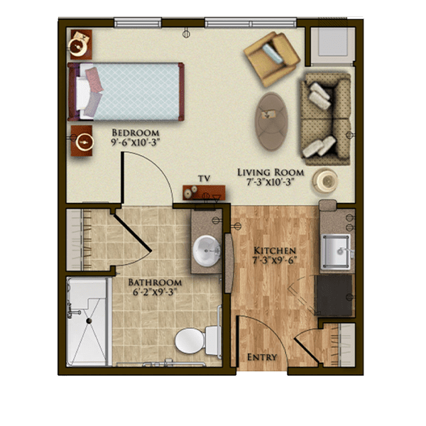 A floor plan of a compact one-bedroom apartment featuring a living room, kitchen, and bathroom.