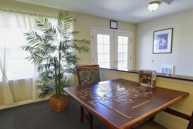 A well-lit office space with a desk, plant, and a partially completed puzzle.