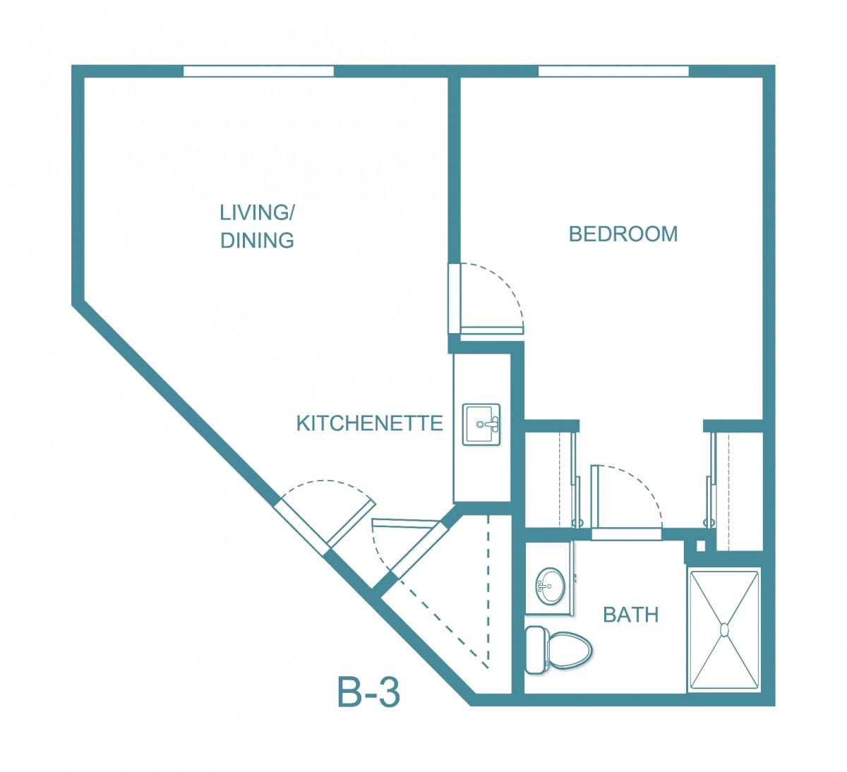A blueprint of a one-bedroom apartment layout with designated areas for living, dining, kitchen, and bath.