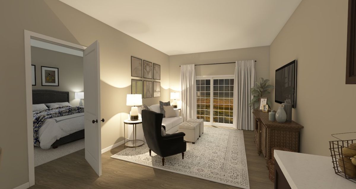 Modern living room with cozy furnishings and soft lighting.
