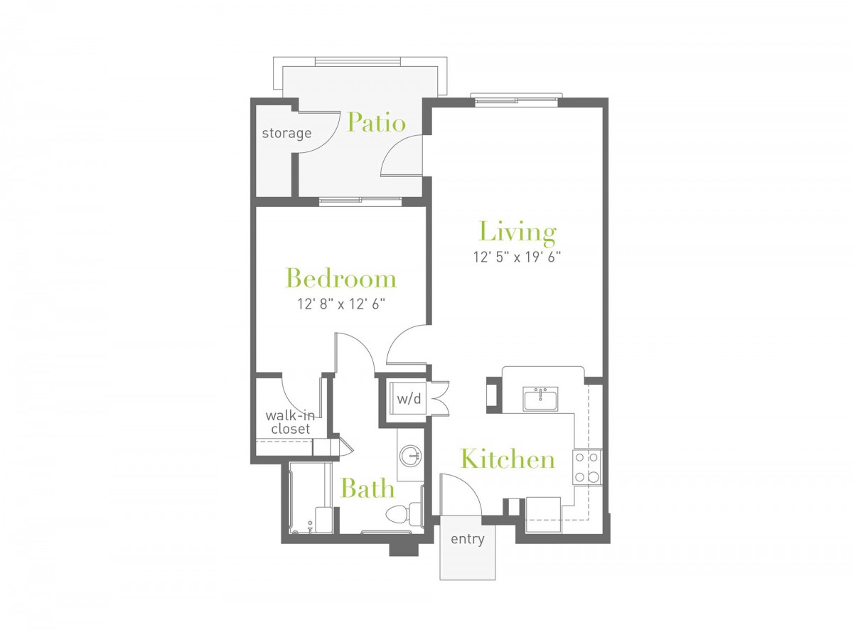 A floor plan of a one-bedroom apartment featuring a living room, kitchen, bathroom, and patio.